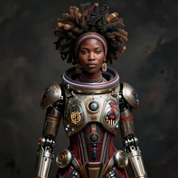 beautiful afrofuturistic himba women, otjize, led detailed spacesuit, himba hairstyle, robotic arms, hyperrealistic, scifi, retouched photograph, dark, muted colors