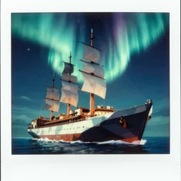 high detailed illustration, epic lowpoly seiner ship under beautiful northern lights, high contrast, polaroid, syd mead art
