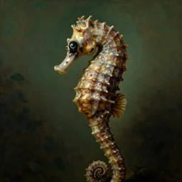 a close - up rococo portrait of a seahorse with big eyes, 1 8 th century painting by jean - honore fragonard. front on view. gloomy green atmosphere, blurry organic environment background