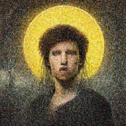 Woman masterpiece, Thom Yorke, yellow, golden halo behind her head, wires everywhere, by Edgar Maxence and Ross Tran, Zdzisław Beksiński, and Michael Whelan, distant, gustav dore, H.R. Giger, 8k, octane render
