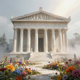 steampunk futuristic greek temple, cinematic lighting, foggy, a lot of colorful flowers on the moisac ground, sunray background, in the style of Lawrence Alma Tadema, Peder Mork Monsted, Ivan Shishkin, Frank Frazetta, white color scheme