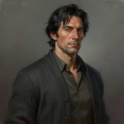 painting of a middle aged man with black hair and wearing a cardigan, trending on artstation, unreal engine, fantasy art