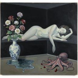 empty room with black walls, sensual portrait of a woman sleeping, japanese vase, old flowers, puddle of water, octopus, squashed berries, neo - expressionism, surrealism, acrylic and spray paint and oilstick on canvas