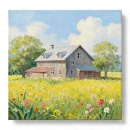 a farmhouse surrounded by flowers painting