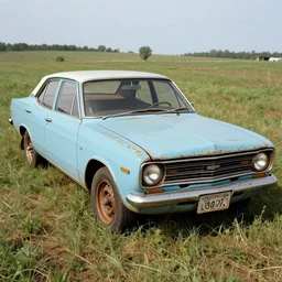 A photograph of a rusty!!!!!!!!!, worn out!!!!!!!!!!, broken down!!!!!!!!!!, beater!!!!!!!!! Powder Blue Dodge Aspen (1976) in a farm field, photo taken in 1989