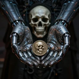cyborg hands holding a coin worth 1 human soul to be traded in hell. centered. horror cyberpunk dystopia style. highly detailed 8 k. intricate. nikon d 8 5 0 3 0 0 mm. award winning photography.