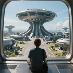 “looking out over a vista. In the distance is a large forerunner structure in the style of a Destiny 2 skybox. First person”