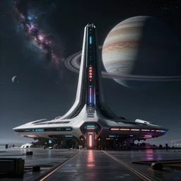 a distant futuristic military installation, on the horizon, sleek, menacing, glowing lighting and neon signs, Raymond Swanland and Jessica Rossier nebula like clouds in space background near a ringed gas giant, hyper detailed hyper detailed, 8k, ultra realistic, cinematic lighting, ultra wide 35mm lens, Boeing Concept Art, Lockheed concept art