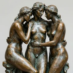 bronze sculpture of 3 beautiful racially diverse people caressing sensuously