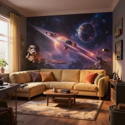 photographic view inside a small comfortable apartment on the star wars planet coruscant, beautiful matte painting, unreal engine 5, 8 k, trending on artstation, greg rutkowski, dramatic lighting, photo real, ultrarealistic, plush colors