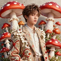 the portrait of an absurdly beautiful, graceful, elegant, sophisticated, fashionable young idol made of mushroom kingdom sprites, red and white spotted mushrooms, and white petals with tears, an ultrafine hyperdetailed illustration by kim jung gi, irakli nadar, intricate linework, bright colors, octopath traveler, final fantasy, unreal engine 5 highly rendered, global illumination, radiant light, detailed and intricate environment