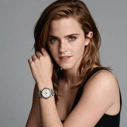 Photo of Emma Watson wearing a Rolex watch, soft studio lighting, photo taken by Martin Schoeller for Abercrombie and Fitch, award-winning photograph, 24mm f/1.4