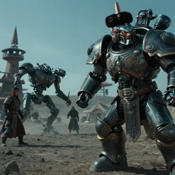 vfx film closeup, futuristic mongolian biker warriors, war hammer 4 0 k, godking armor, sci - fi mongolian village, robot stand - off, flat color profile low - key lighting award winning photography arri alexa cinematography, hyper real photorealistic cinematic, atmospheric cool colorgrade