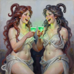 clear oil painting of two greek medusas gorgons laughing holding goblets with a glowing green liquid. by frank frazzeta. trending on artstation.
