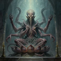 monstrous and twisted cathedral with an altar that has a statue to many eyed veiny and four armed cthulhu, tentacles twisting in lotus position. in the style of hr giger and zdzisław beksinski gloom misty glow oil painting biomechanical