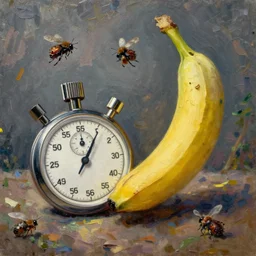 oil painting impressionist stopwatch and banana flying through the air, ( bugs buzzing around ), whimsical, detailed,