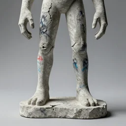 a broken concrete statue of an alien with 4 legs, cracks, rebar, vandalized with spray paint, studio lighting, 8 k, hd, realistic