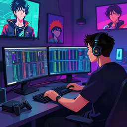 a man sitting on his computer staring at several computer monitors showing crypto trades, colourful, chill, neon glow, gamer, playstation 2, digital illustration, in style of lofi hip hop digital painting by james jean, kishimoto, wlop and toriyami togashi, inspired by hirohiko araki and made in abyss,