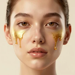 normal skin face + bleeding gold liquid, realistic 3 d render, gold tones, global illumination
