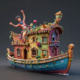 funky houseboat, metaphysical art, fantasy, surrealism, zbrush, unreal engine, vibrant, detailed, by gediminas pranckevicus, rhads, anton fadeev, and tim doyle