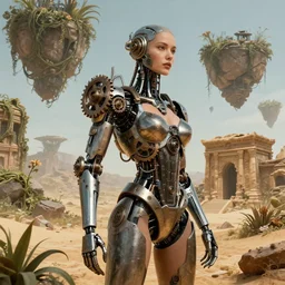 ultrarealistic, cyborg, cyberpunk, gears, steam, future, iamrobot movie, alien technology, beautiful, soft skin, harsh metal, overgrown forest, floating rubble, formless vines, flowers, alien plant life, desert, sandstone temple, decay, ruins, flying islands, sandstone buildings