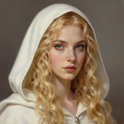 a head - on detailed oil portrait of a distinguished ( ( elven ) ) woman wearing a white hood with long!! curly!! blonde hairs and bright irises, by charlie bowater, lise deharme, wlop, trending on artstation, dungeon and dragons art, l critical role