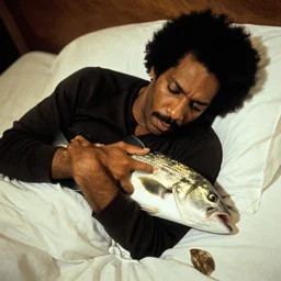 john coltrane snuggling a scary loving angler fish in bed