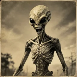 crooked teeth, black eyes, gaping mouth, alien looking, skull like, big forehead, horrifying, killer, creepy, dead, monster, tall, incredibly skinny, open mouth, deathly, old photo, turning yellow