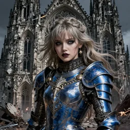 beautiful gothic and victorian and evil and dieselpunk medieval female blue armor knight portrait, like lisa blackpink+smoky eyes+light flowing hair,  ruin gothic cathedral, ultradetail face, art and illustration by tian zi and craig mullins and WLOP and alphonse mucha, fantasy, intricate complexity, human structure, fantasy world concept, watermark, blurry, hyperrealism 8k