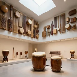 ! dream an art museum interior whose architecture is inspired by drum and flute instrument pieces ar 1 6 : 9
