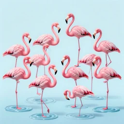 ten melting pink flamingos in the style of Dali