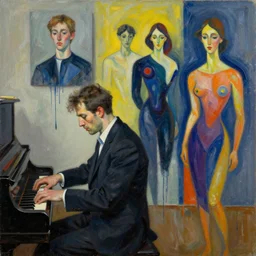 portrait of a piano player in suit waiting, vincent lefevre and hernan bas and pat steir and hilma af klint, psychological, photorealistic, dripping paint, washy brush, rendered in octane, altermodern, masterpiece