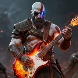 sunglasses kratos shredding on a flaming stratocaster guitar, cinematic render, god of war 2 0 1 8, santa monica studio official media, sunglasses, lightning, stripe over eye, stripe over eye, stripe over eye