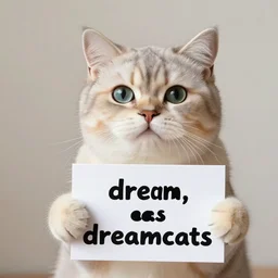 realistic high quality photo of a cute cat holding a sign with text that reads : dream, cat, cas, cats dreamcats