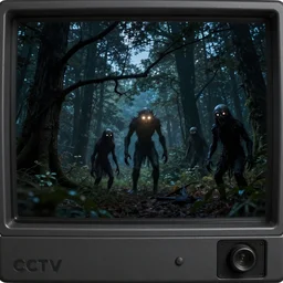 cctv camera view, in midnight forest, horror creatures with flashing eyes in field of view