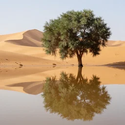 flooded sahara desert, tall dunes, reflections, luxuriant trees, marc adamus, landscape