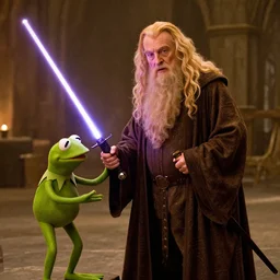 wide angle long shot, film still of dumbledore in the lord of the rings handing a lightsaber to kermit the frog, warm lighting, photorealistic, realistic, detailed, 2 4 mm, 8 k
