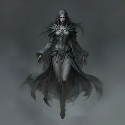 female revenant, grey tarnished robes, vengeful, floating, no legs, high fantasy, grim colors, matte digital illustration, by koyorin, donato giancola, pixiv