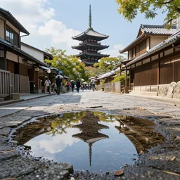 sunny day in kyoto, puddles, realistic, ultra realism, trending on artstation, rendered in 3 ds max