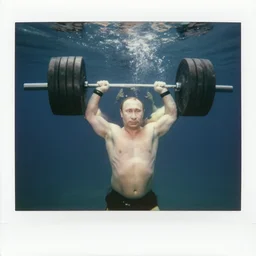medium shot, vladimir putin pumping iron l, underwater polaroid photo, vintage, neutral colors, underwater, by shawn heinrichs and gregory crewdson