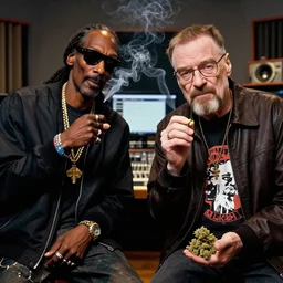 snoop dogg smoking and walter white smoking a joint in the studio, walter white, snoop dogg, smoking weed, music studio, photorealistic