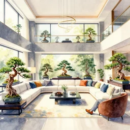 a hiper intricate watercolor of a beatiful modern indoor living room with bonsai trees, extremely detailed, sharp focus, wide view, smooth, digital illustration, colorfull, by william turner art, by greg rutowski, by carl larson, by edmund dulac