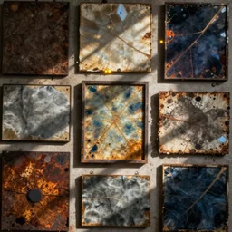 photogram of many found objects, oxidized, add light leaks, changing hues, diffusing veins, by sardax and pollock