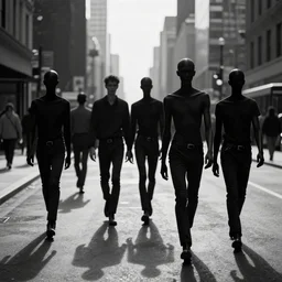 city street crowded with slendermen, medium shot, black and white underexposed photograph