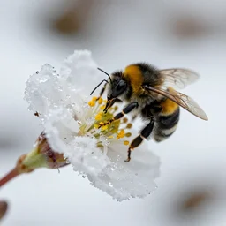 a nature photograph macro shot of a bumblebee pollinating a frozen ice flower. snow in the background