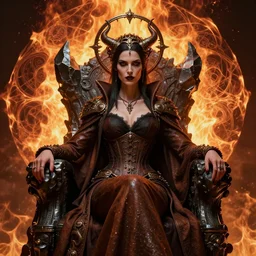 evil steampunk pyromancer woman, ornamental halo, black shirt, corset, brown body, intricate robes, sitting on obsidian throne, fractal fire background, sharp focus, highly detailed, perfect face, cinematic lighting, studio quality, chiaroscuro, smooth render, unreal engine 5 rendered, octane, rendered, by artgerm, greg rutkowski, alphonse mucha