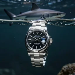 rolex watch submerged in transparent water, ultra realistic, dark colors, shark in the background