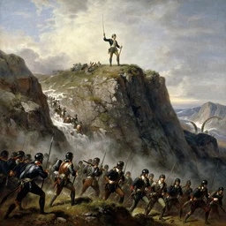 napoleon standing ontop of a cliff as his army marches under him through a mountain passage, epic, in the style of Jacques-Louis David.