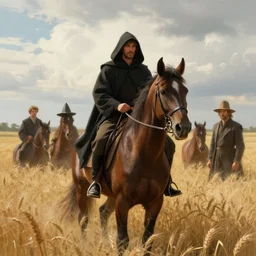 cinematic shot epic portrait an hooded man riding a horse in middle of wheat fields, sunny, cloudy, broad light, ambient occlusion, volumetric light effect, made by ivan aivazovsky, peter mohrbacher, greg rutkowski, matte painting, trending on artstation, 4 k, perfectly defined features, digital painting, cinematic, epic, highly detailed,
