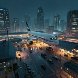 a beautiful and detailed illustration of an airport in a cyberpunk city, cinematic atmosphere, establishing shot, viewed from below, first person perspective